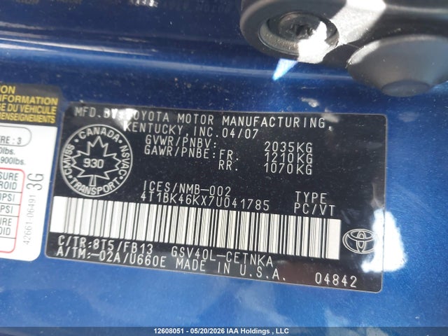 12608051 :رقم المزاد ، 4T1BK46KX7U041785 vin ، 2007 Toyota Camry Le V6/se V6/xle V6 مزاد بيع