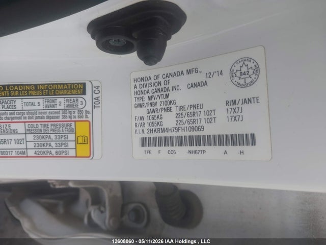Продаж на аукціоні авто 2015 Honda Cr-v Exl, vin: 2HKRM4H79FH109069, номер лоту: 12608060