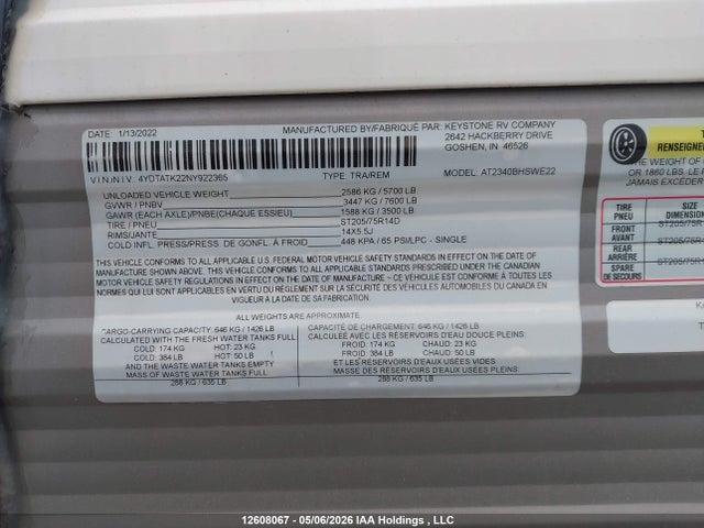 Aukcja sprzedaży 2022 Dutchmen Aspen Trail, vin: 4YDTATK22NY922365, numer aukcji: 12608067