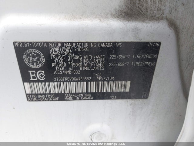 12608076 :رقم المزاد ، 2T3BFREV0GW481552 vin ، 2016 Toyota Rav4 مزاد بيع