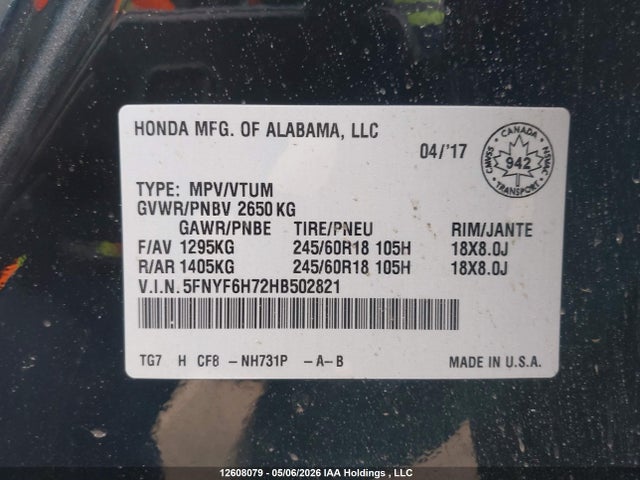 Auction sale of the 2017 Honda Pilot, vin: 5FNYF6H72HB502821, lot number: 12608079