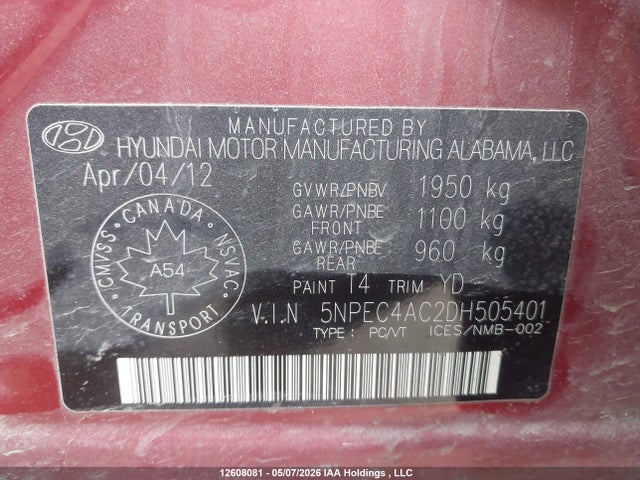 Продаж на аукціоні авто 2013 Hyundai Sonata Se/limited, vin: 5NPEC4AC2DH505401, номер лоту: 12608081