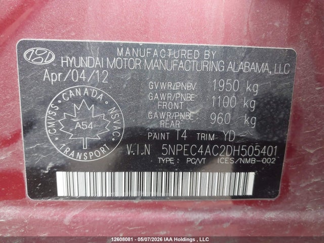 Продаж на аукціоні авто 2013 Hyundai Sonata Se/limited, vin: 5NPEC4AC2DH505401, номер лоту: 12608081