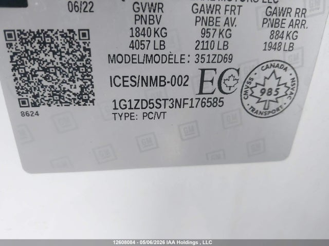 12608084 :رقم المزاد ، 1G1ZD5ST3NF176585 vin ، 2022 Chevrolet Malibu Lt مزاد بيع