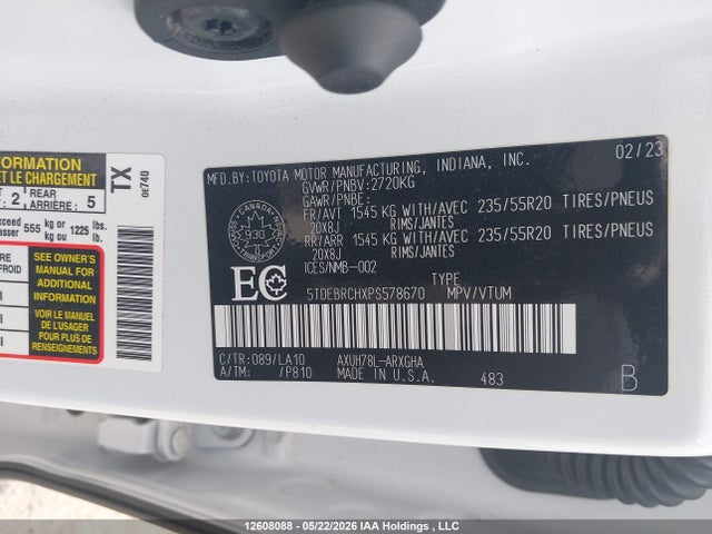 Продаж на аукціоні авто 2023 Toyota Highlander Hybrid Hybrid, vin: 5TDEBRCHXPS578670, номер лоту: 12608088