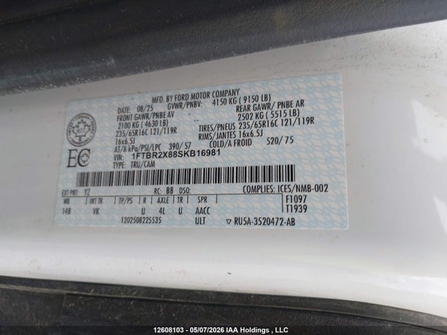 Auction sale of the 2025 Ford Transit T-250, vin: 1FTBR2X88SKB16981, lot number: 12608103