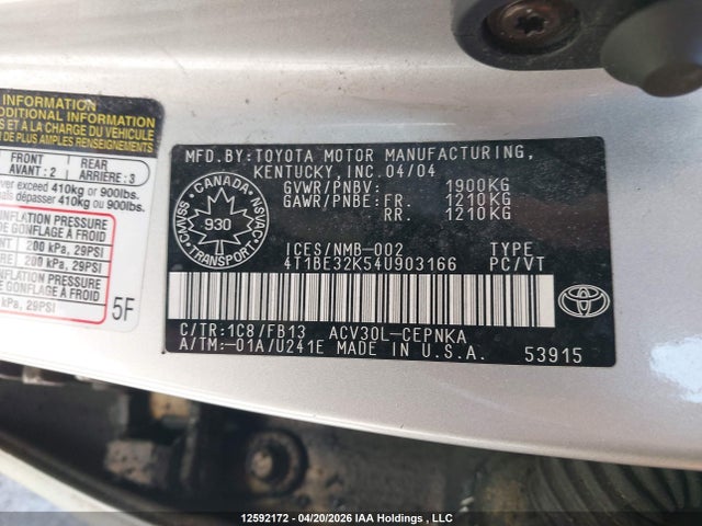 2004 Toyota Camry Le/se/xle მანქანა იყიდება აუქციონზე, vin: 4T1BE32K54U903166, აუქციონის ნომერი: 12592172
