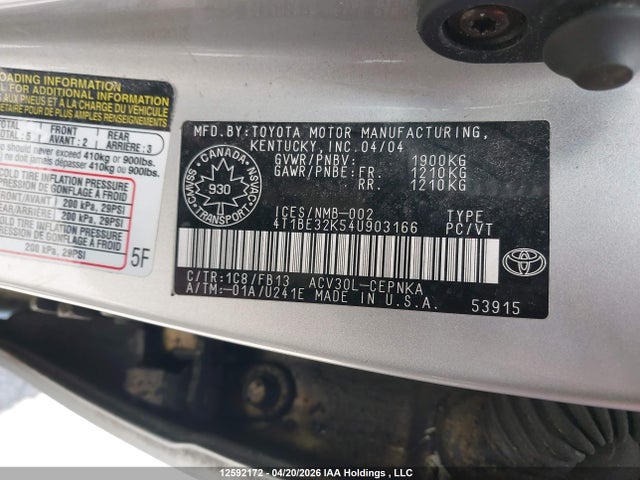 2004 Toyota Camry Le/se/xle მანქანა იყიდება აუქციონზე, vin: 4T1BE32K54U903166, აუქციონის ნომერი: 12592172