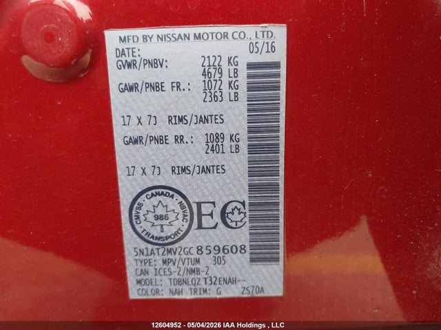 5N1AT2MV2GC859608 Nissan Rogue S/sl Premium/sv
