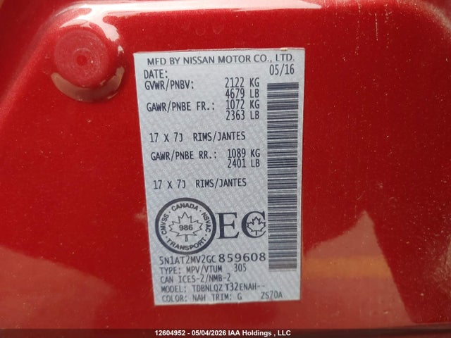 5N1AT2MV2GC859608 Nissan Rogue S/sl Premium/sv
