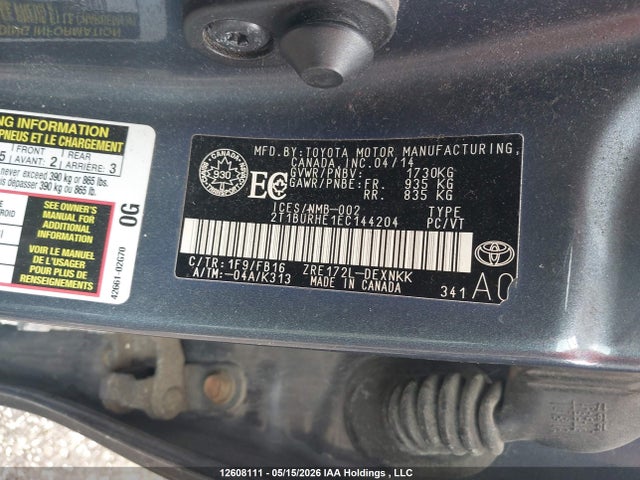 12608111 :رقم المزاد ، 2T1BURHE1EC144204 vin ، 2014 Toyota Corolla Le مزاد بيع