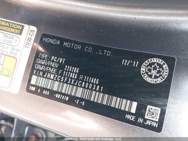 12608112 :رقم المزاد ، JHMZC5F3XJC800381 vin ، 2018 Honda Clarity Plug-in Hybrid Touring مزاد بيع