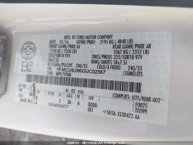 Продажа на аукционе авто 2016 Ford Escape Titanium, vin: 1FMCU9J96GUC02567, номер лота: 12608121