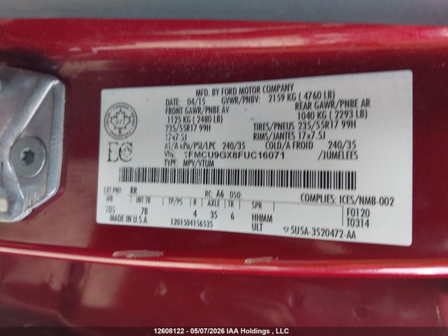 12608122 :رقم المزاد ، 1FMCU9GX8FUC16071 vin ، 2015 Ford Escape Se مزاد بيع
