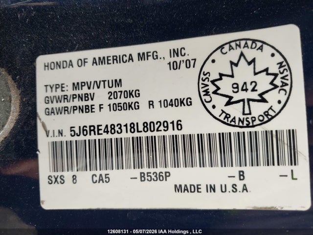 12608131 :رقم المزاد ، 5J6RE48318L802916 vin ، 2008 Honda Cr-v مزاد بيع