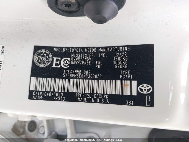 5YFBPMBE6NP308873 Toyota Corolla Le/xle