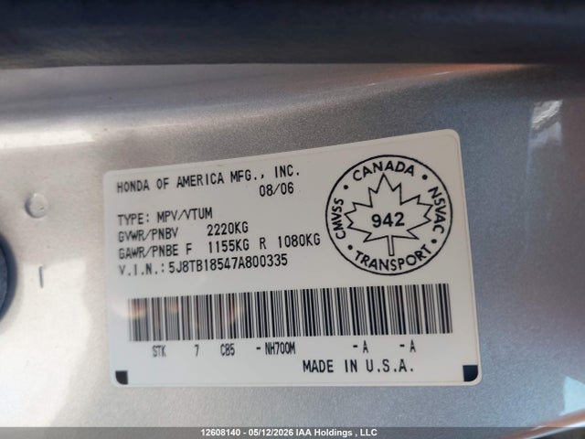 2007 Acura Rdx მანქანა იყიდება აუქციონზე, vin: 5J8TB18547A800335, აუქციონის ნომერი: 12608140