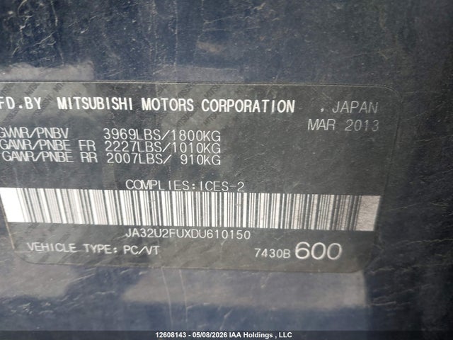 12608143 :رقم المزاد ، JA32U2FUXDU610150 vin ، 2013 Mitsubishi Lancer Es/es Sport مزاد بيع