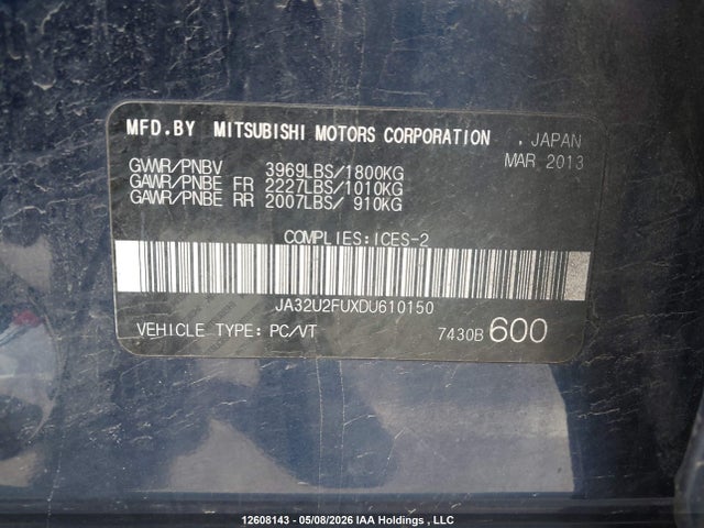 12608143 :رقم المزاد ، JA32U2FUXDU610150 vin ، 2013 Mitsubishi Lancer Es/es Sport مزاد بيع