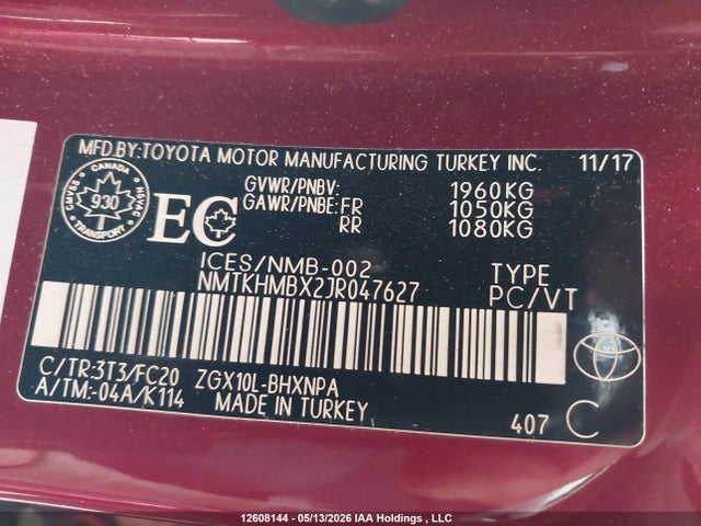 Продаж на аукціоні авто 2018 Toyota C-hr Xle, vin: NMTKHMBX2JR047627, номер лоту: 12608144