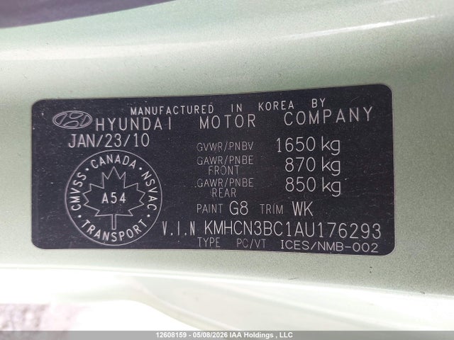 2010 Hyundai Accent მანქანა იყიდება აუქციონზე, vin: KMHCN3BC1AU176293, აუქციონის ნომერი: 12608159