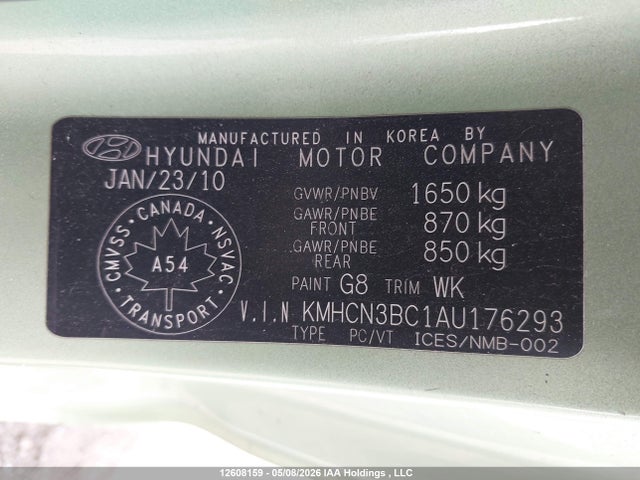2010 Hyundai Accent მანქანა იყიდება აუქციონზე, vin: KMHCN3BC1AU176293, აუქციონის ნომერი: 12608159