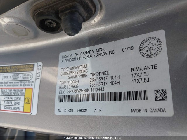 12608160 :رقم المزاد ، 2HKRW2H29KH113443 vin ، 2019 Honda Cr-v Lx مزاد بيع