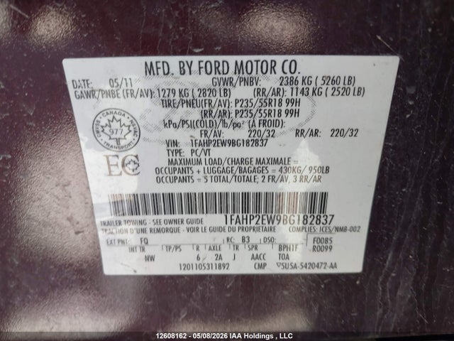 Продажа на аукционе авто 2011 Ford Taurus Sel, vin: 1FAHP2EW9BG182837, номер лота: 12608162