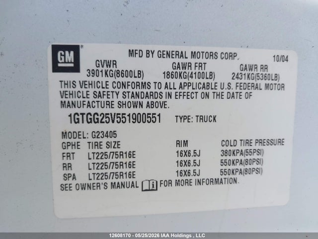 Продаж на аукціоні авто 2005 Gmc Savana G2500, vin: 1GTGG25V551900551, номер лоту: 12608170