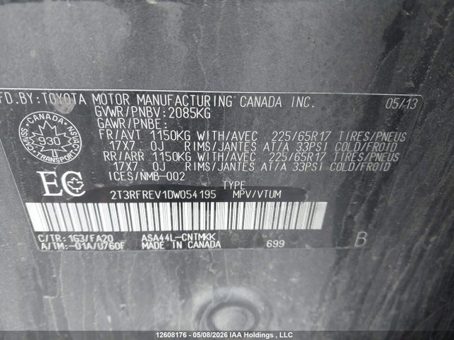 2013 Toyota Rav4 Xle მანქანა იყიდება აუქციონზე, vin: 2T3RFREV1DW054195, აუქციონის ნომერი: 12608176