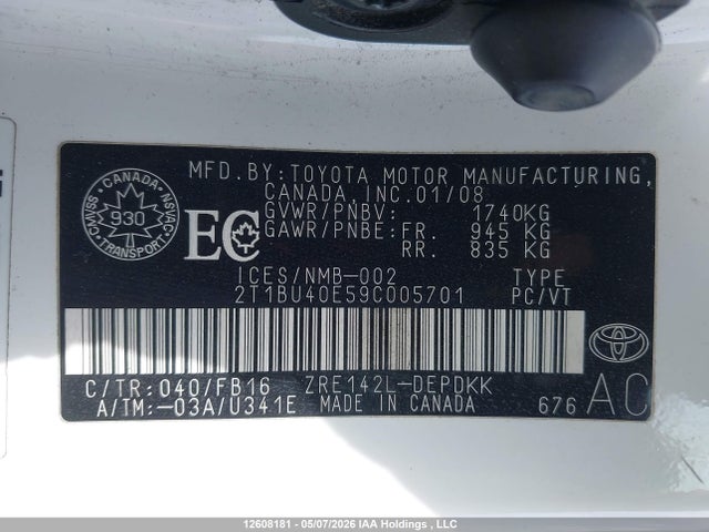 12608181 :رقم المزاد ، 2T1BU40E59C005701 vin ، 2009 Toyota Corolla Ce مزاد بيع