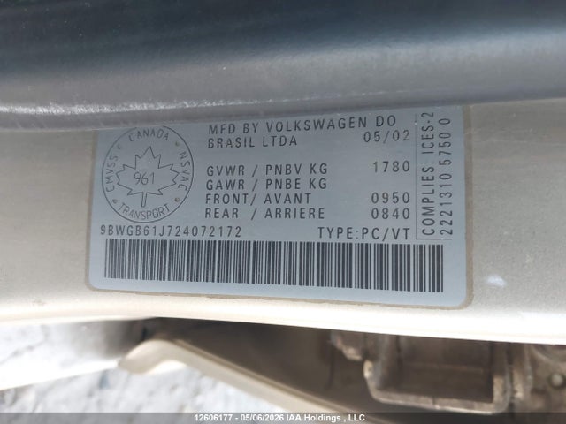 Aukcja sprzedaży 2002 Volkswagen Golf Gls 2.0l, vin: 9BWGB61J724072172, numer aukcji: 12606177