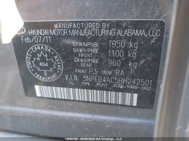 2011 Hyundai Sonata Gls მანქანა იყიდება აუქციონზე, vin: 5NPEB4AC5BH242501, აუქციონის ნომერი: 12608188