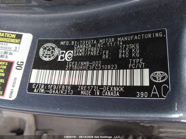 12608191 :رقم المزاد ، 2T1BURHE3FC310823 vin ، 2015 Toyota Corolla L/le/le Pls/prm/s/s Pls مزاد بيع