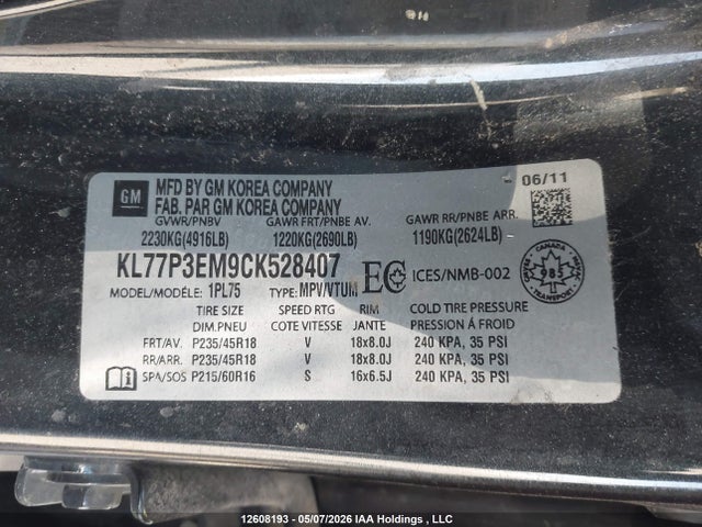 2012 Chevrolet Orlando Ltz მანქანა იყიდება აუქციონზე, vin: KL77P3EM9CK528407, აუქციონის ნომერი: 12608193