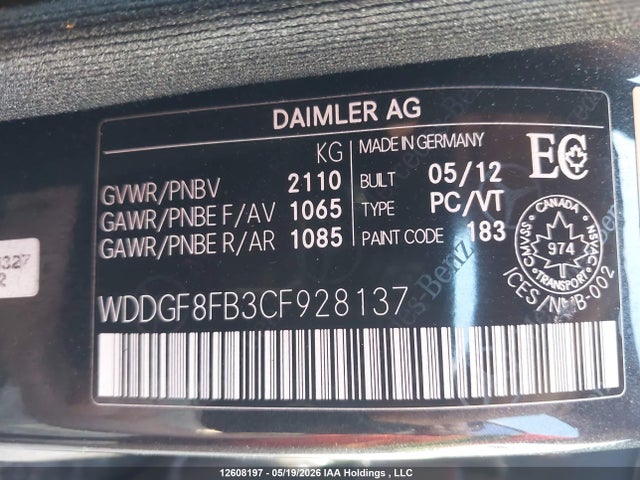 Aukcja sprzedaży 2012 Mercedes-benz C 250 4matic, vin: WDDGF8FB3CF928137, numer aukcji: 12608197