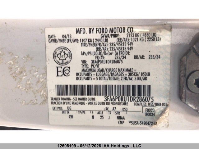 12608199 :رقم المزاد ، 3FA6P0RU1DR286075 vin ، 2013 Ford Fusion Titanium Hev مزاد بيع