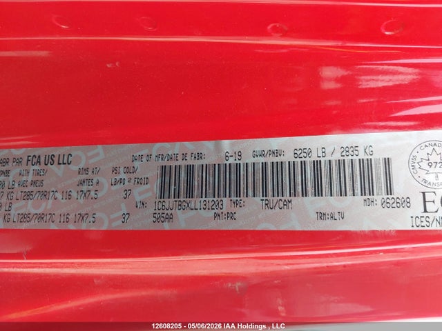 2020 Jeep Gladiator Rubicon მანქანა იყიდება აუქციონზე, vin: 1C6JJTBGXLL131203, აუქციონის ნომერი: 12608205
