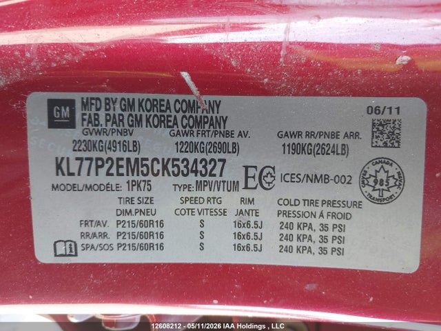 Продажа на аукционе авто 2012 Chevrolet Orlando 1lt/2lt, vin: KL77P2EM5CK534327, номер лота: 12608212