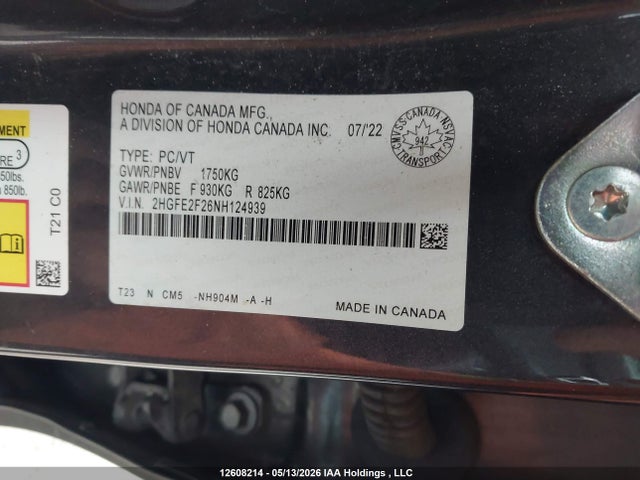 2HGFE2F26NH124939 Honda Civic