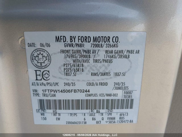 Продаж на аукціоні авто 2006 Ford F-150 Fx4/lariat/xlt, vin: 1FTPW14506FB70244, номер лоту: 12608215