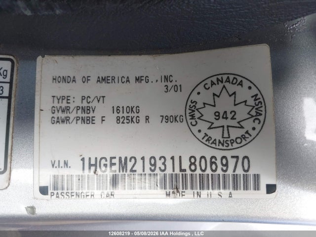 12608219 :رقم المزاد ، 1HGEM21931L806970 vin ، 2001 Honda Civic Si/ex مزاد بيع