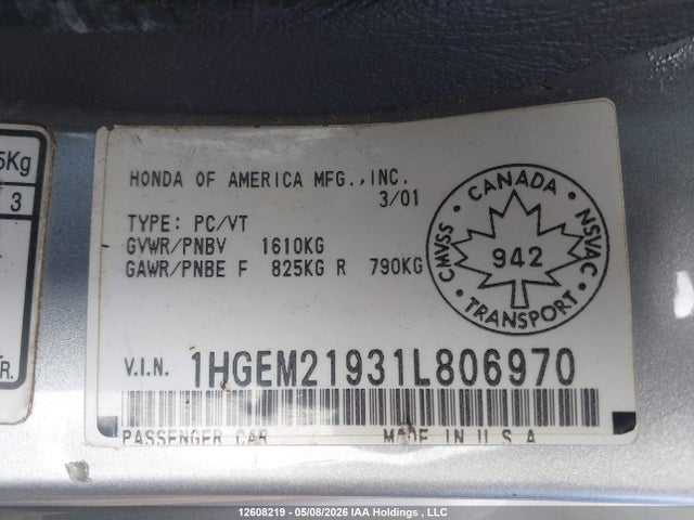 12608219 :رقم المزاد ، 1HGEM21931L806970 vin ، 2001 Honda Civic Si/ex مزاد بيع