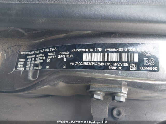 2016 Jeep Renegade Latitude მანქანა იყიდება აუქციონზე, vin: ZACCJBBT3GPC72849, აუქციონის ნომერი: 12608221