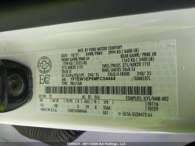 12608231 :رقم المزاد ، 1FTEW1EP6MFC54444 vin ، 2021 Ford F150 مزاد بيع