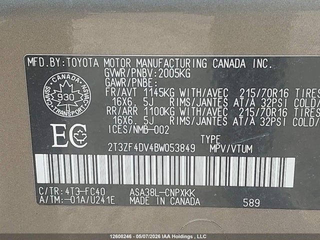 12608246 :رقم المزاد ، 2T3ZF4DV4BW053849 vin ، 2011 Toyota Rav4 مزاد بيع