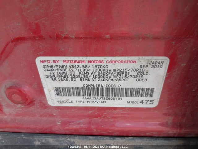 12608247 :رقم المزاد ، JA4AJ3AU7BZ600494 vin ، 2011 Mitsubishi Rvr Se مزاد بيع