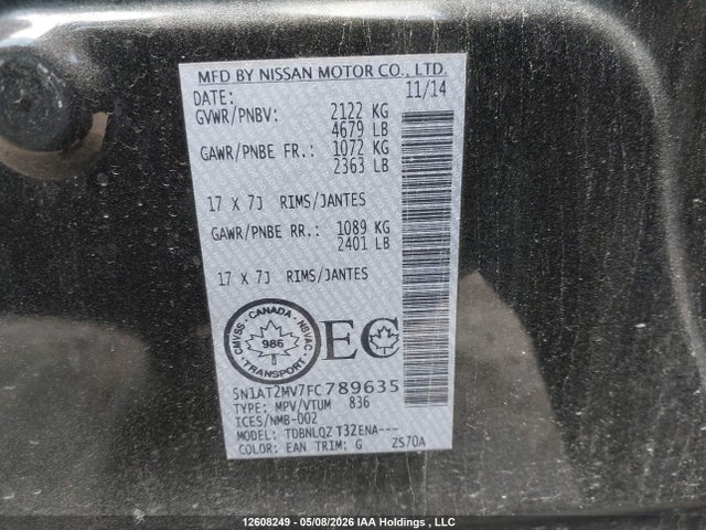 2015 Nissan Rogue S/sl/sv მანქანა იყიდება აუქციონზე, vin: 5N1AT2MV7FC789635, აუქციონის ნომერი: 12608249
