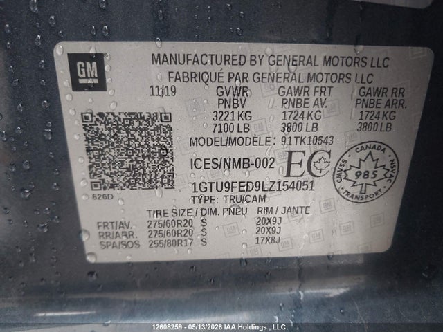 12608259 :رقم المزاد ، 1GTU9FED9LZ154051 vin ، 2020 Gmc Sierra K1500 Denali مزاد بيع