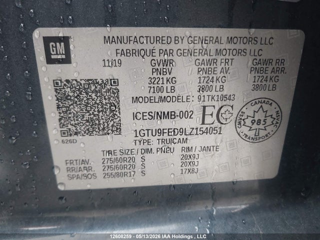 12608259 :رقم المزاد ، 1GTU9FED9LZ154051 vin ، 2020 Gmc Sierra K1500 Denali مزاد بيع